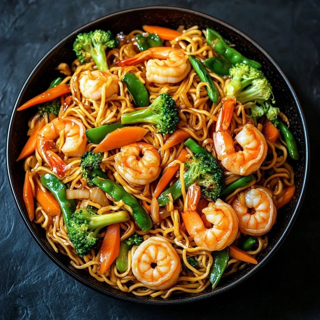 Noodles Saltati con Gamberetti e Verdure, un piatto gustoso e colorato