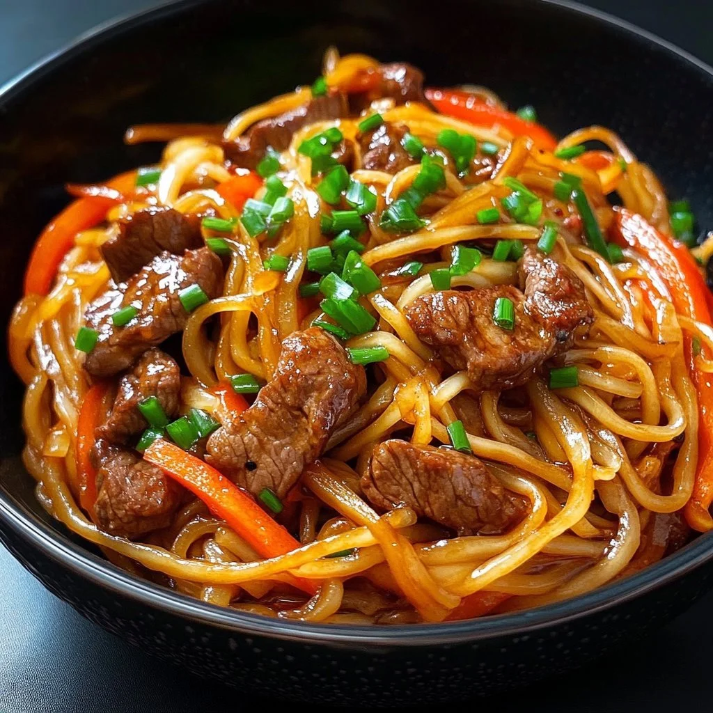 Noodles saltati con manzo in un piatto appetitoso