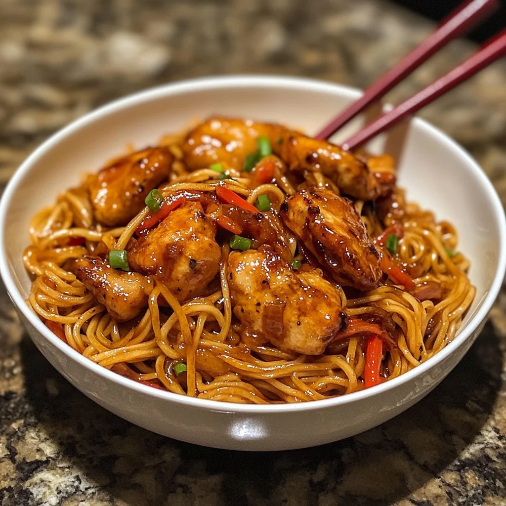 Noodles saltati con pollo caramellato in un piatto colorato e appetitoso