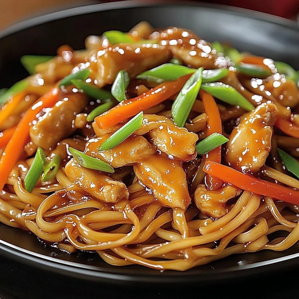 Piatto di Noodles Saltati con Pollo Caramellato su un tavolo elegante