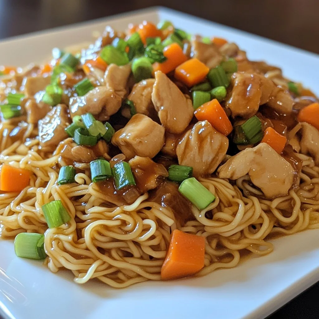 Noodles saltati con pollo caramellato e verdure