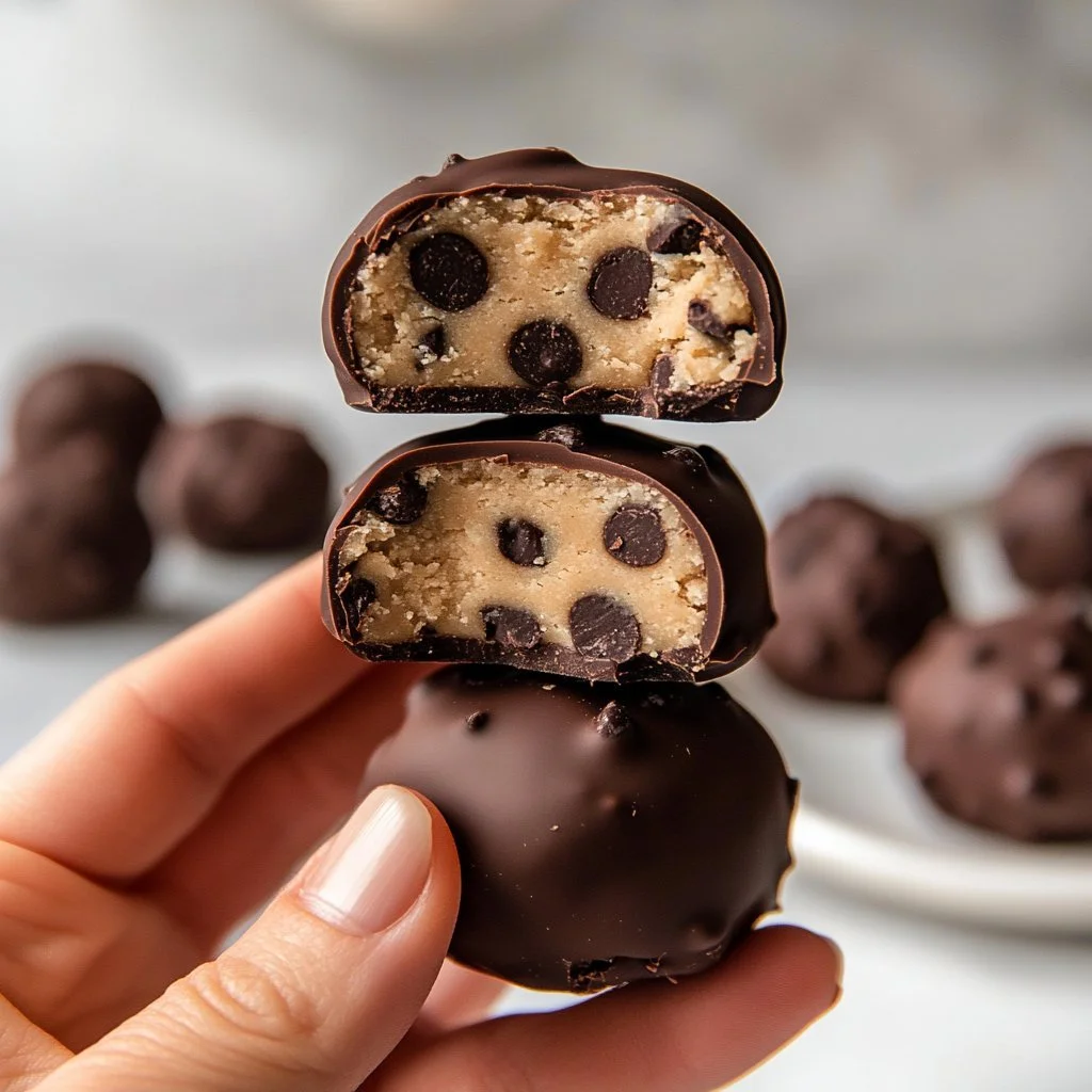 Palline di pasta per biscotti sane ricoperte di cioccolato in un piatto