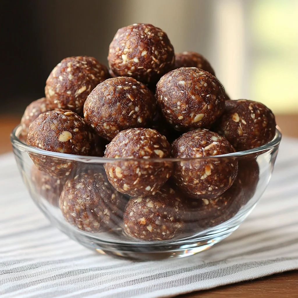 Palline energetiche di datteri e cacao, uno spuntino sano e nutriente.