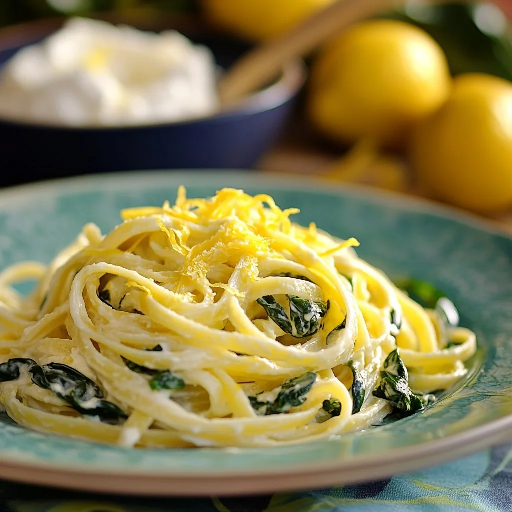Pasta al limone e ricotta con spinaci, piatto fresco e cremoso