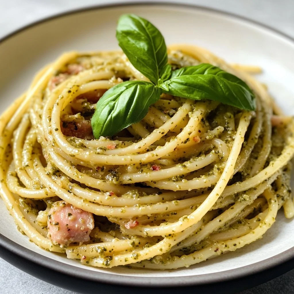 Pasta al pesto di tonno servita con pomodorini freschi e basilico