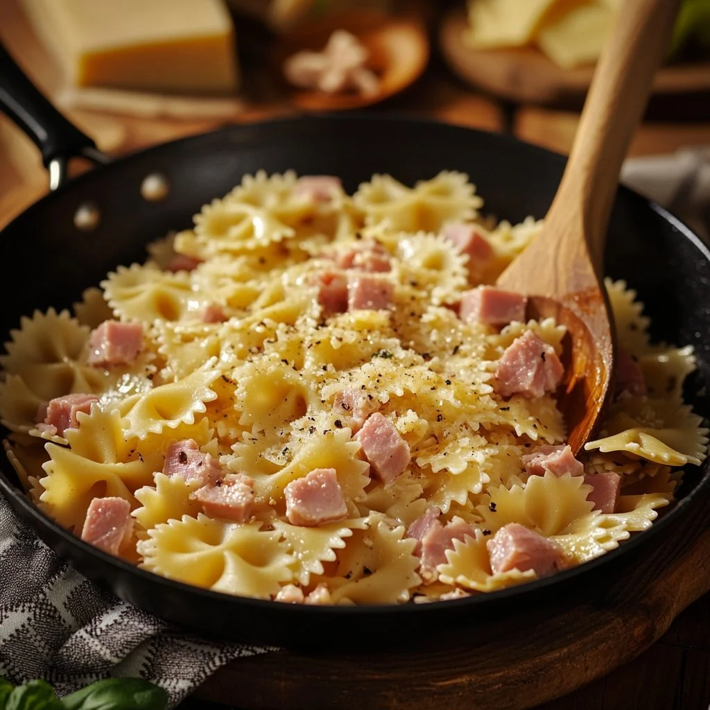 Pasta con prosciutto e formaggio raclette servita in un piatto