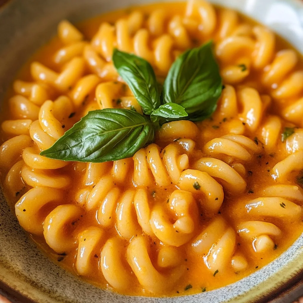 Pasta Crema e Pesto servita con basilico fresco