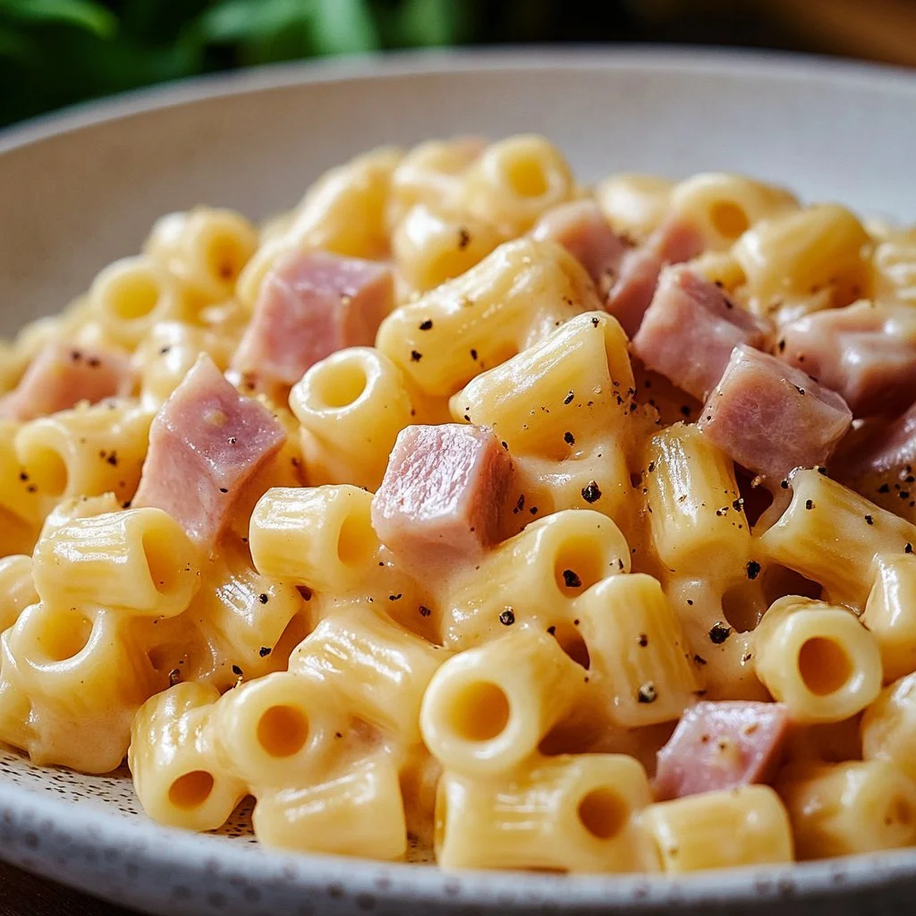 Pasta cremosa con prosciutto e formaggio comté, un piatto ricco e gustoso.