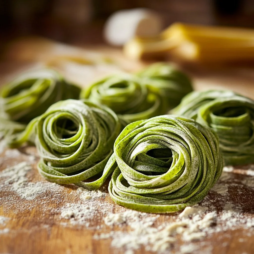 Pasta fresca agli spinaci pronta da servire con un condimento fresco.