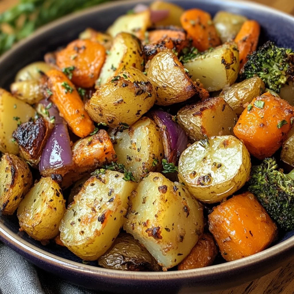 Patate e verdure arrosto all'aglio e alle erbe, piatto sano e gustoso.