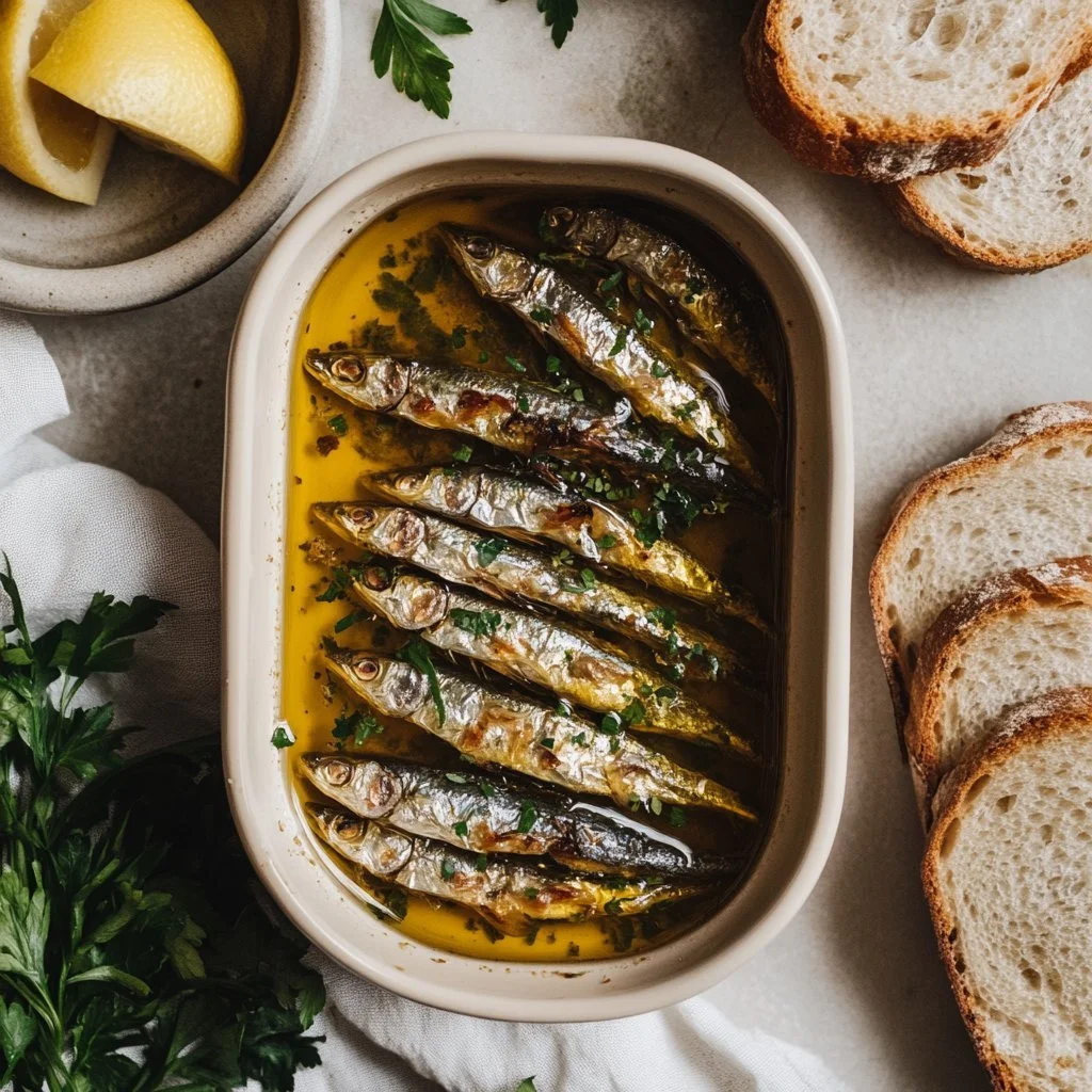 Pâté di Sardine servito con crostini e guarnizioni fresche