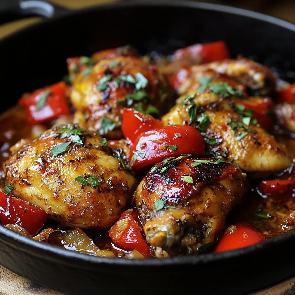 Piatto di pollo ai peperoni con contorni colorati e gustosi