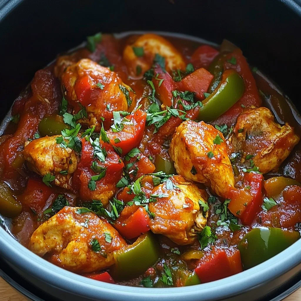 Pollo ai peperoni e pomodori svoltato su un piatto gourmet