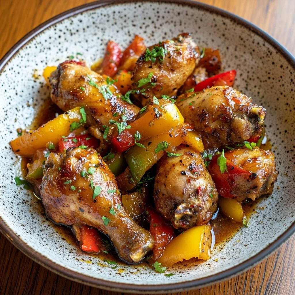 Piatto di Pollo alla Basca servito con contorni colorati