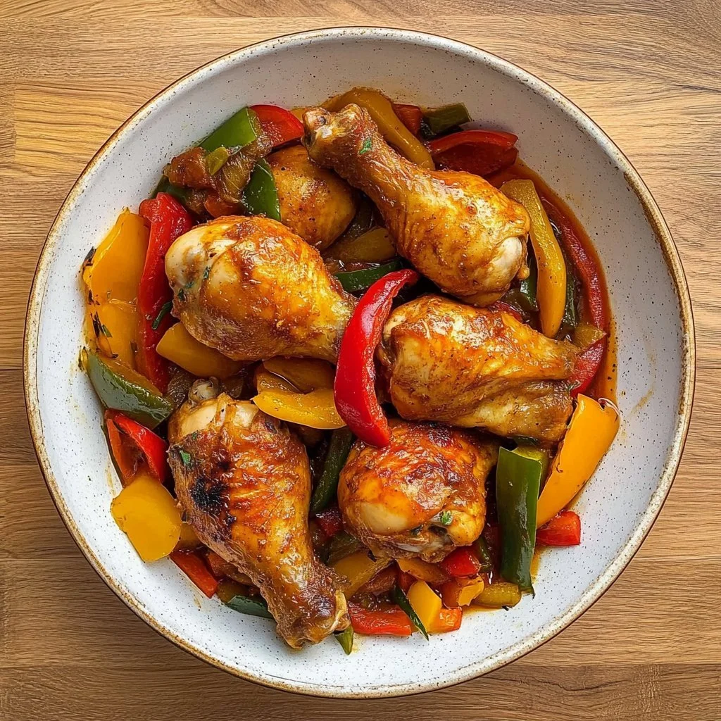 Delizioso Pollo alla Basca servito con contorni colorati