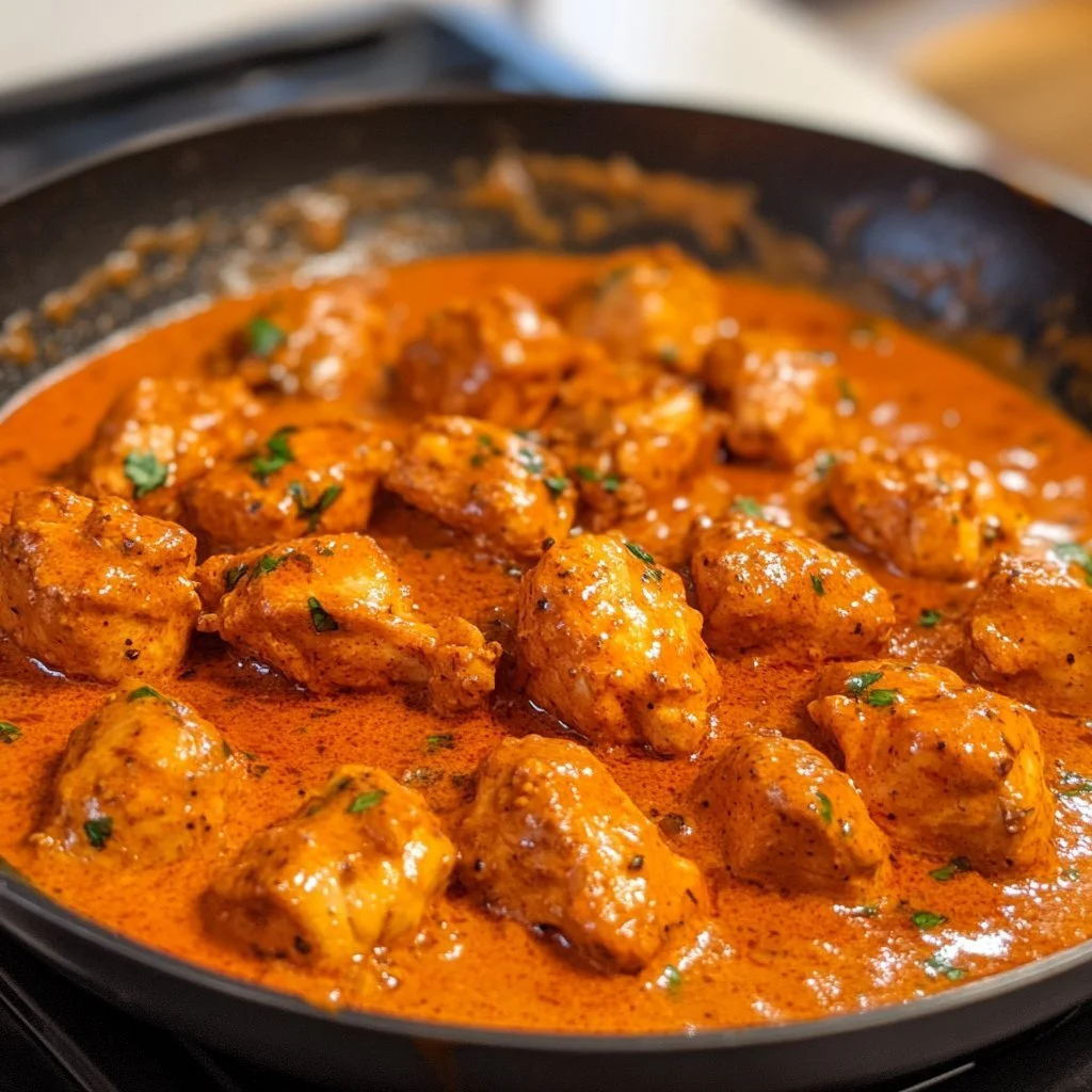 Pollo alle spezie con salsa di pomodoro servito in un piatto decorativo