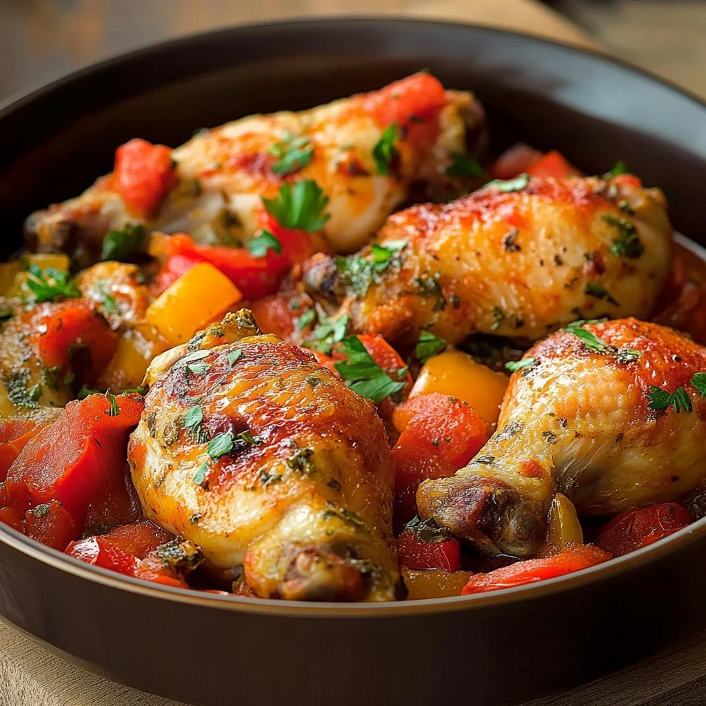 Piatto di Pollo Basco al Chorizo con ingredienti freschi e colorati