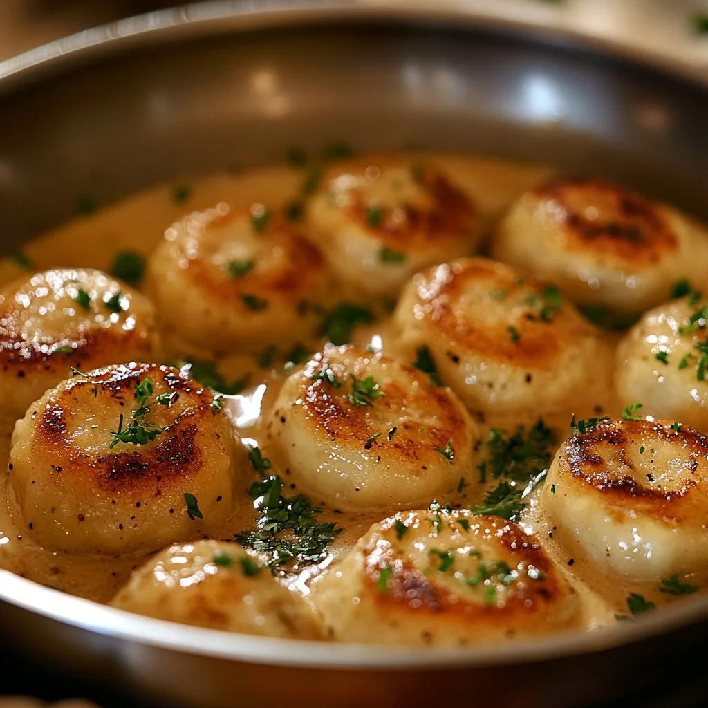 Polpette di pollo con salsa al pepe servite su un piatto bianco