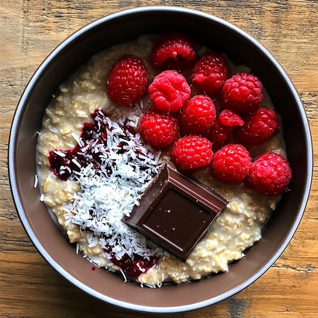 Porridge ai lamponi e cioccolato servito in una ciotola con frutta fresca.