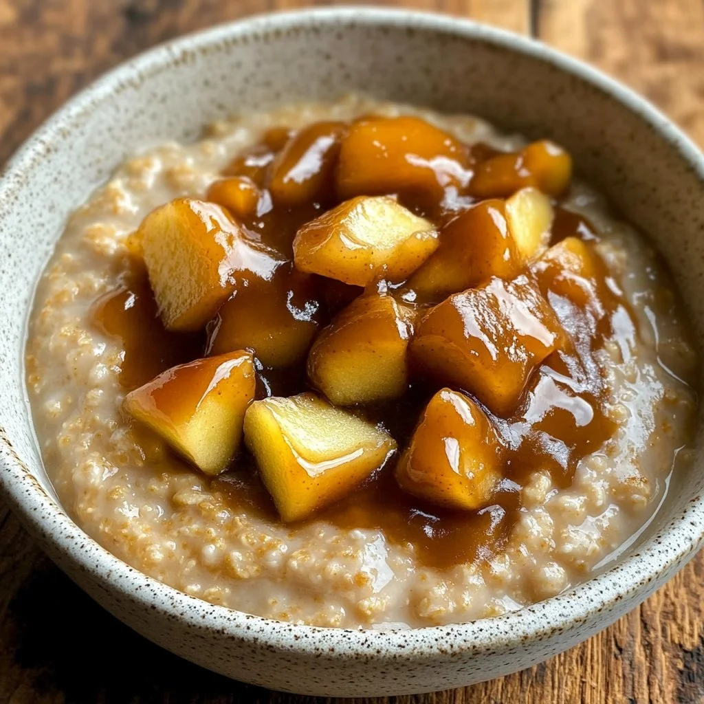 Porridge di mele caramellate servito in una ciotola decorata.