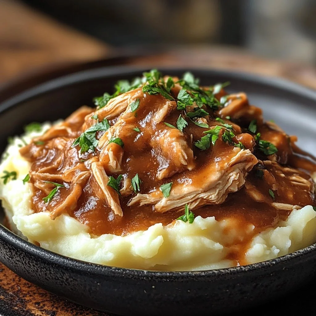 Salsa di pollo sfilacciato con purè di patate, piatto delizioso e confortante