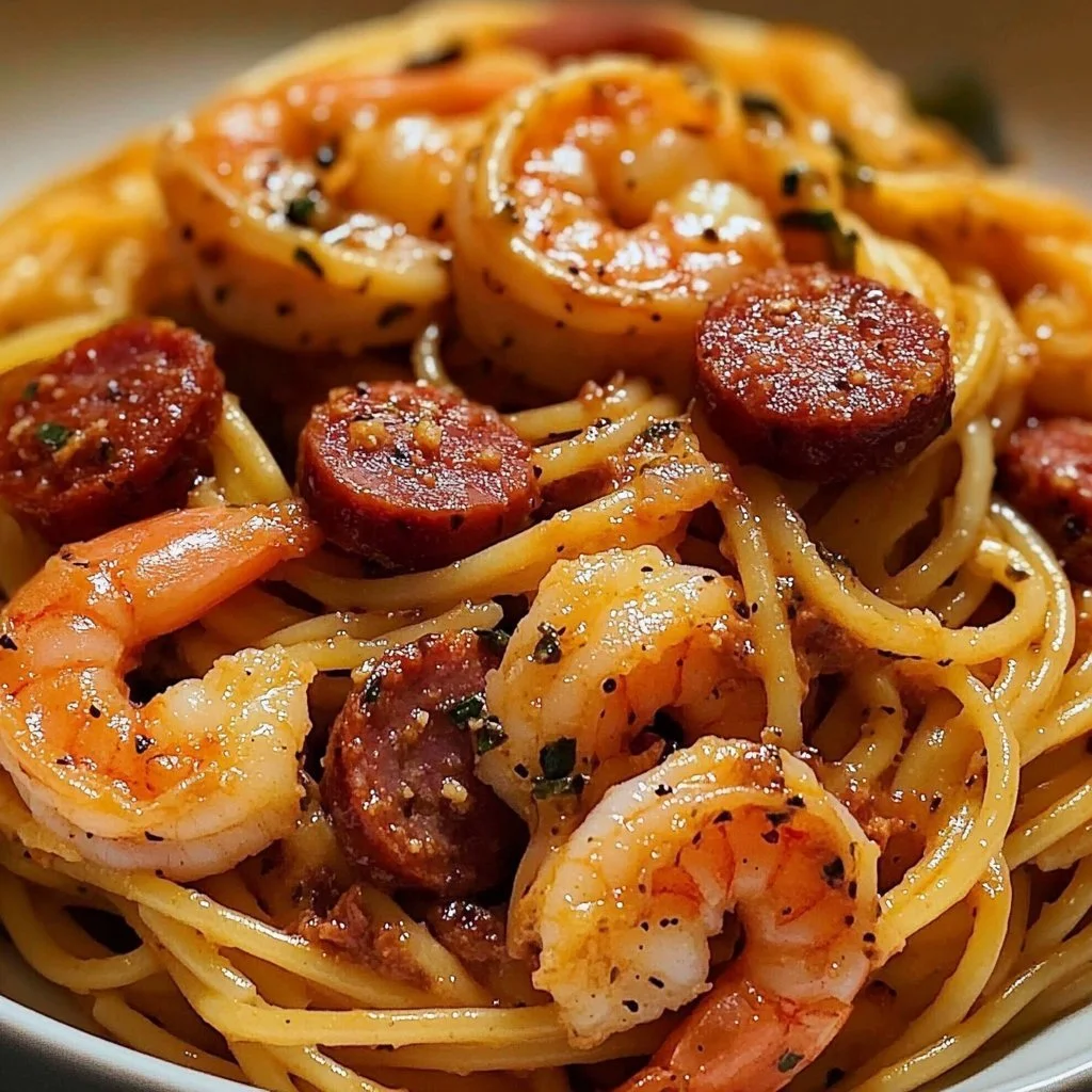 Spaghetti alla crema di peperone con chorizo e gamberi in un piatto appetitoso