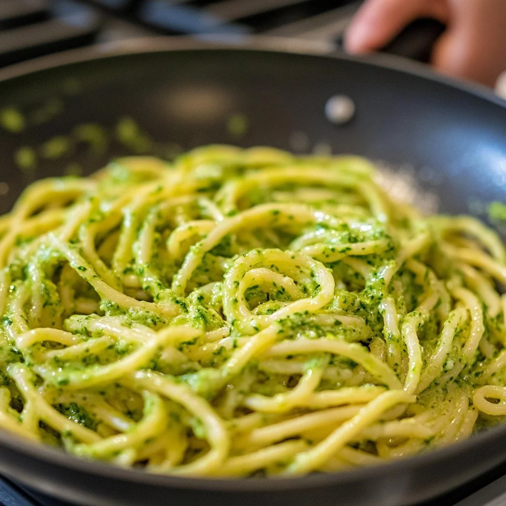 Spaghetti alla crema di zucchine serviti in un piatto con verdure fresche