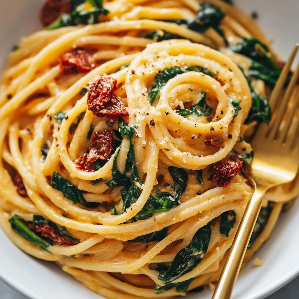 Spaghetti con crema di pomodori secchi e spinaci, un piatto italiano ricco di sapore.