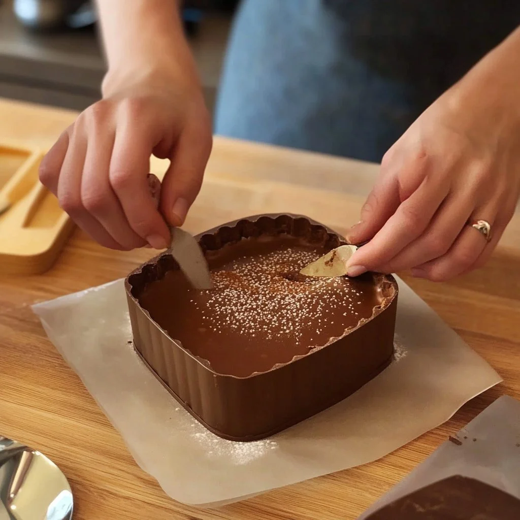 Fetta di torta al cioccolato su un piatto decorato con cioccolato fuso