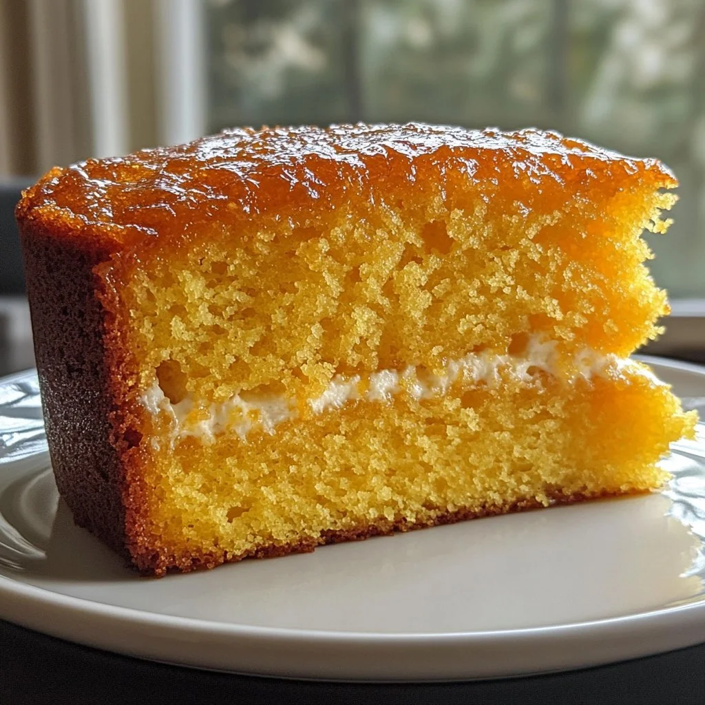Fetta di Torta all'arancia servita su un piatto bianco