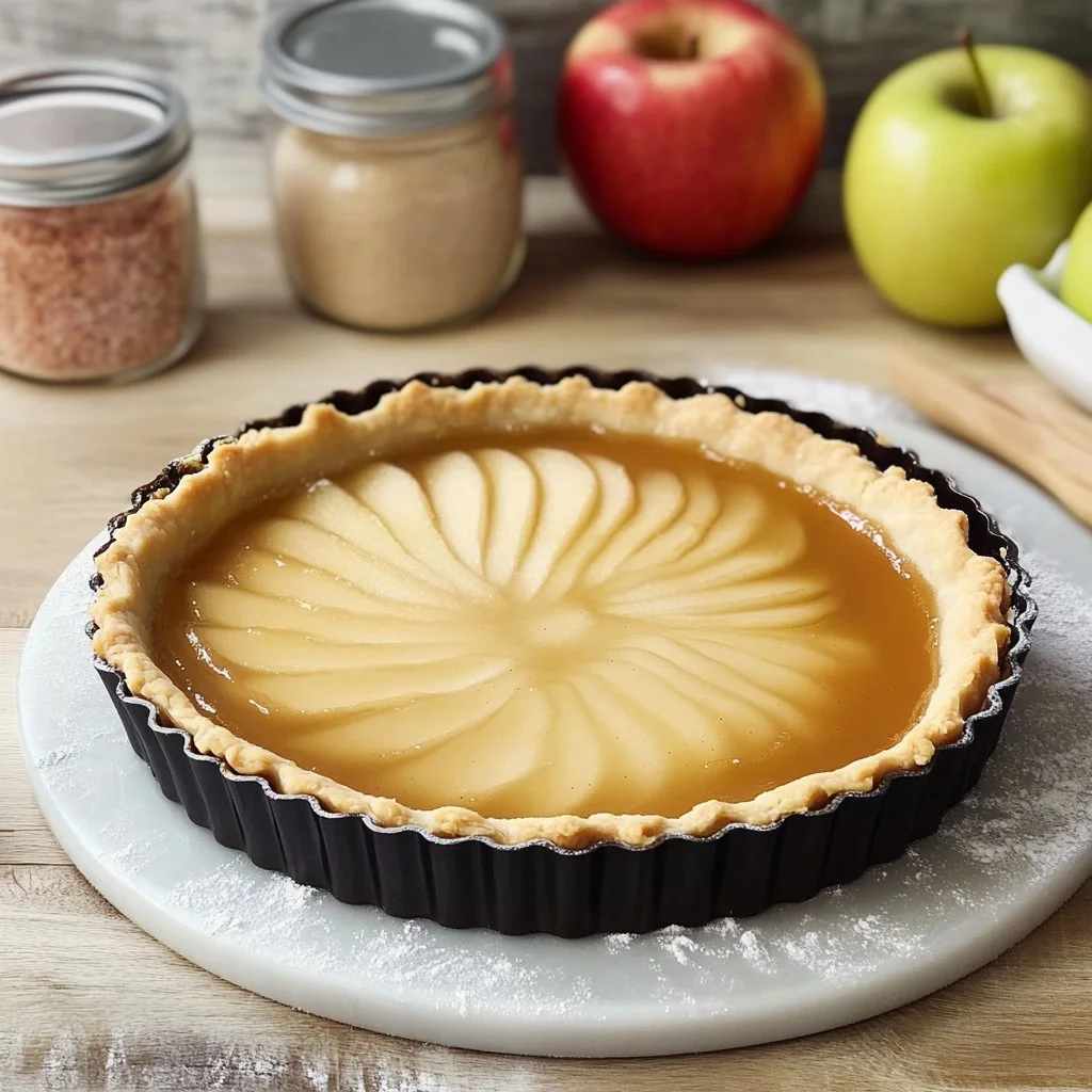 Deliziosa torta di mele appena sfornata con fettine di mela sopra.