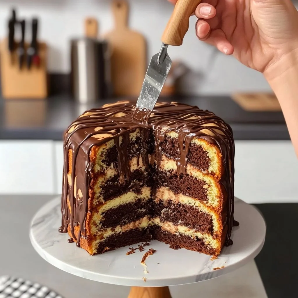 Fetta di torta marmorizzata con striature di cioccolato e vaniglia
