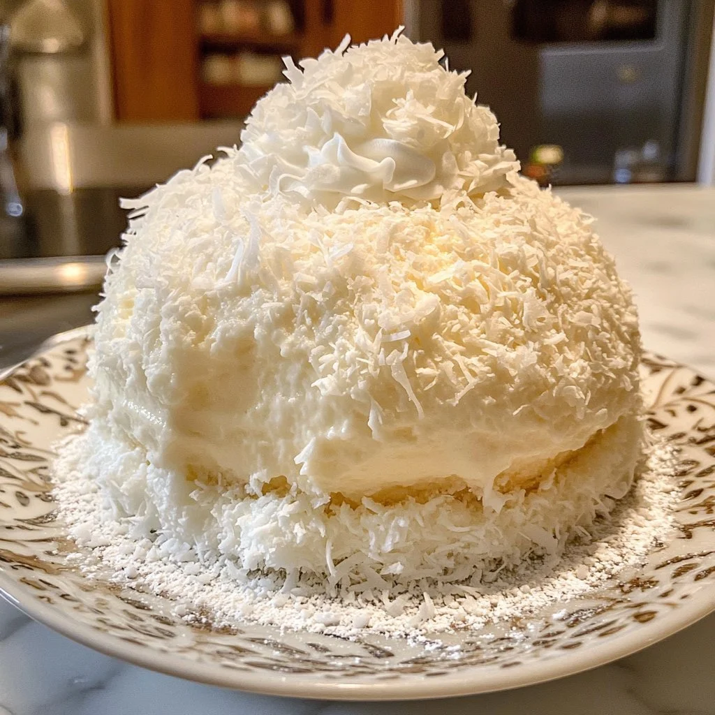 Torta mousse di cocco su un piatto elegante con decorazioni al cocco