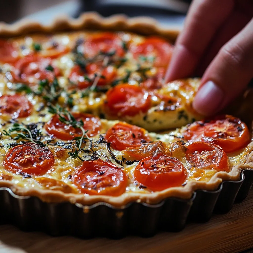 Torta salata al tonno, pomodoro e formaggio di capra pronta da servire