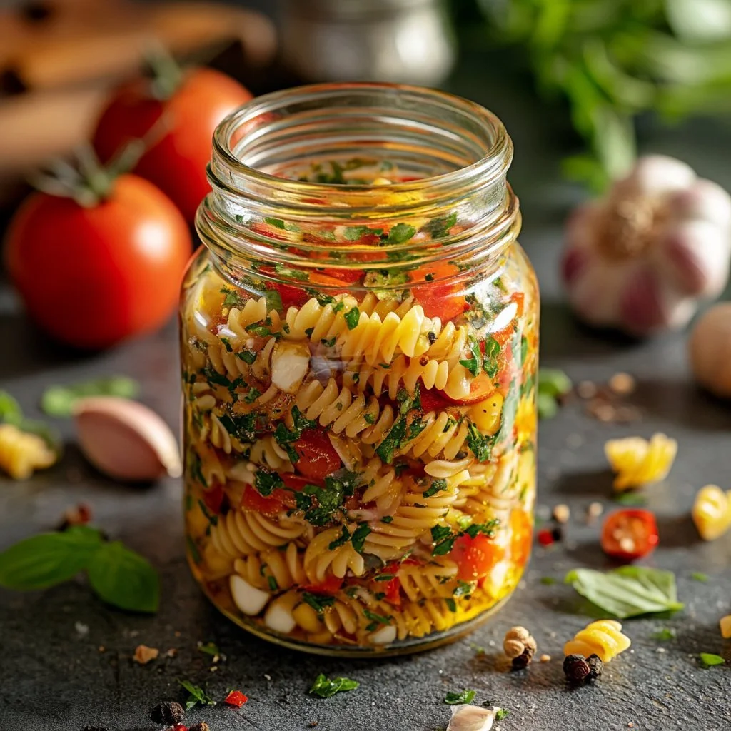Vinaigrette per insalata di pasta fresca con ingredienti freschi