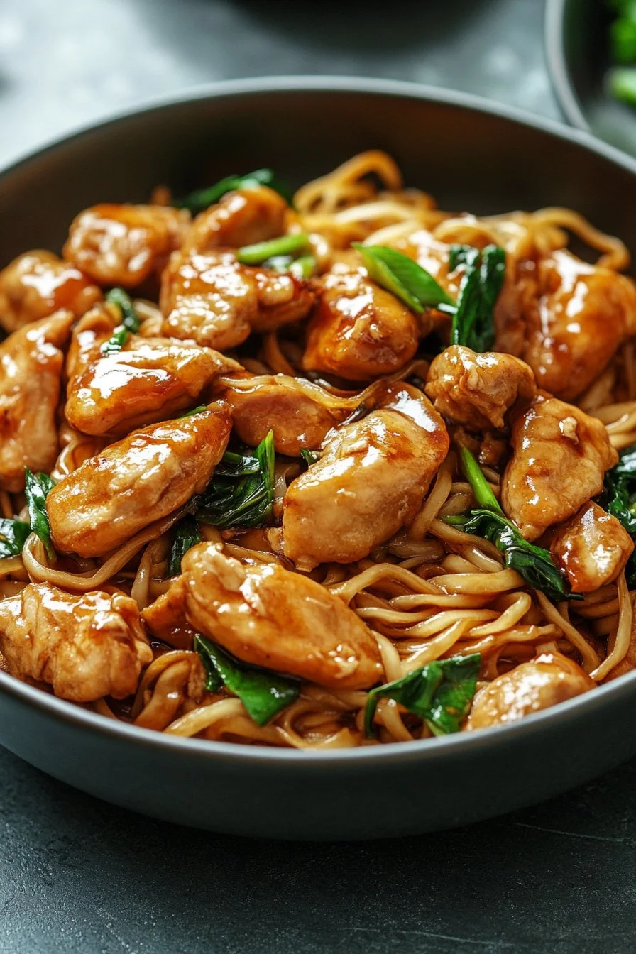 Noodles saltati con pollo caramellato