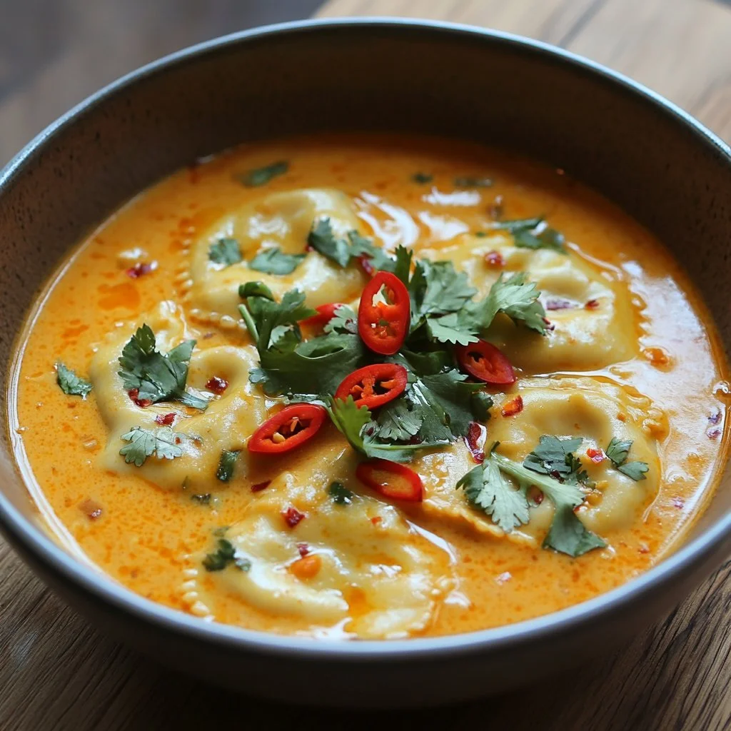 Zuppa al Curry Thai con Ravioli di Cocco, piatto esotico e aromatico
