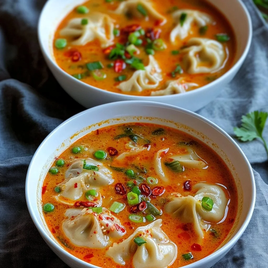 Zuppa di curry al cocco con dumplings e zucchine, piatto creativo e gustoso.