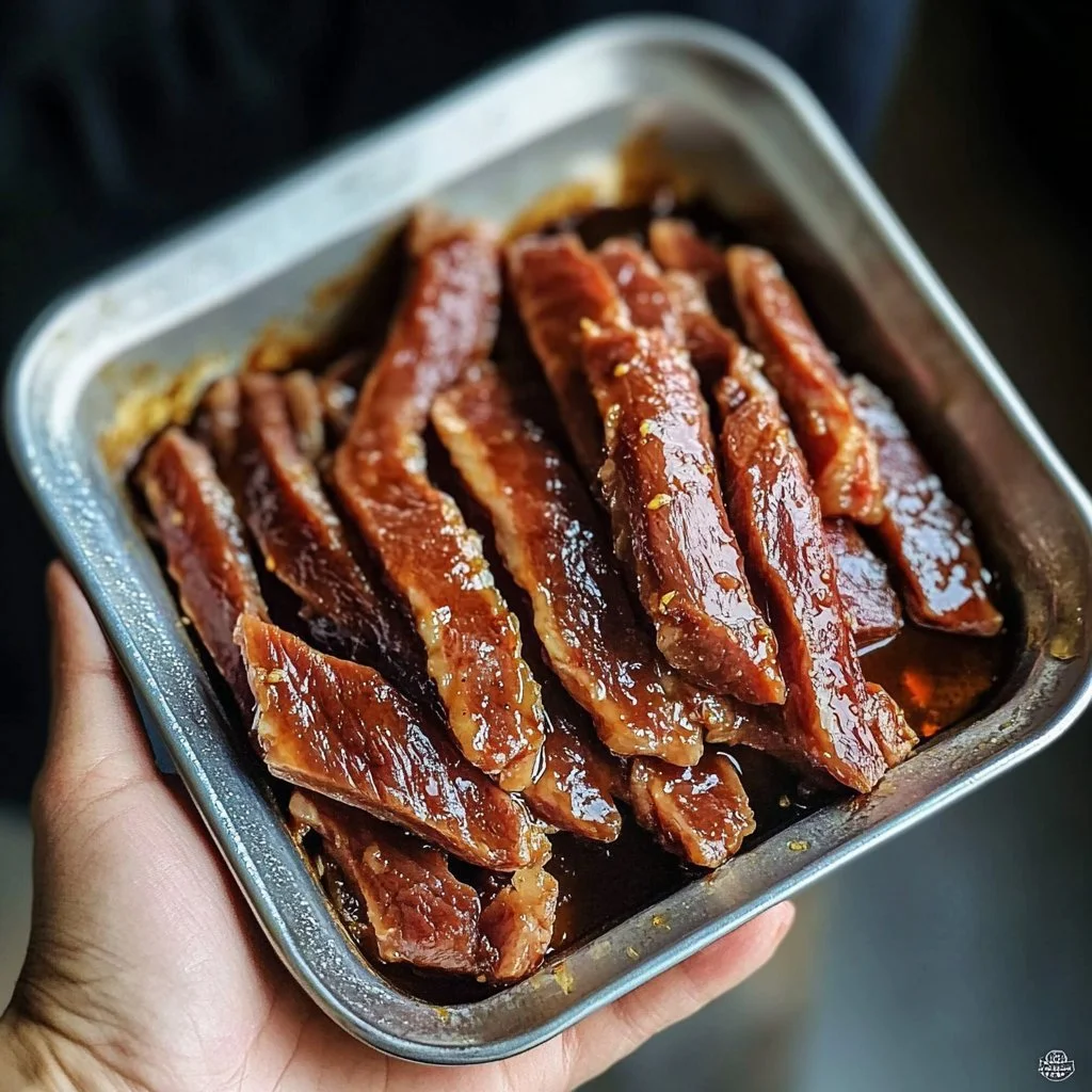 Aiguillettes di anatra marinate pronte da servire in un piatto elegante.