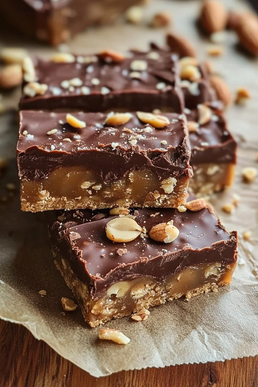 Barrette di cioccolato, arachidi e caramello vegani