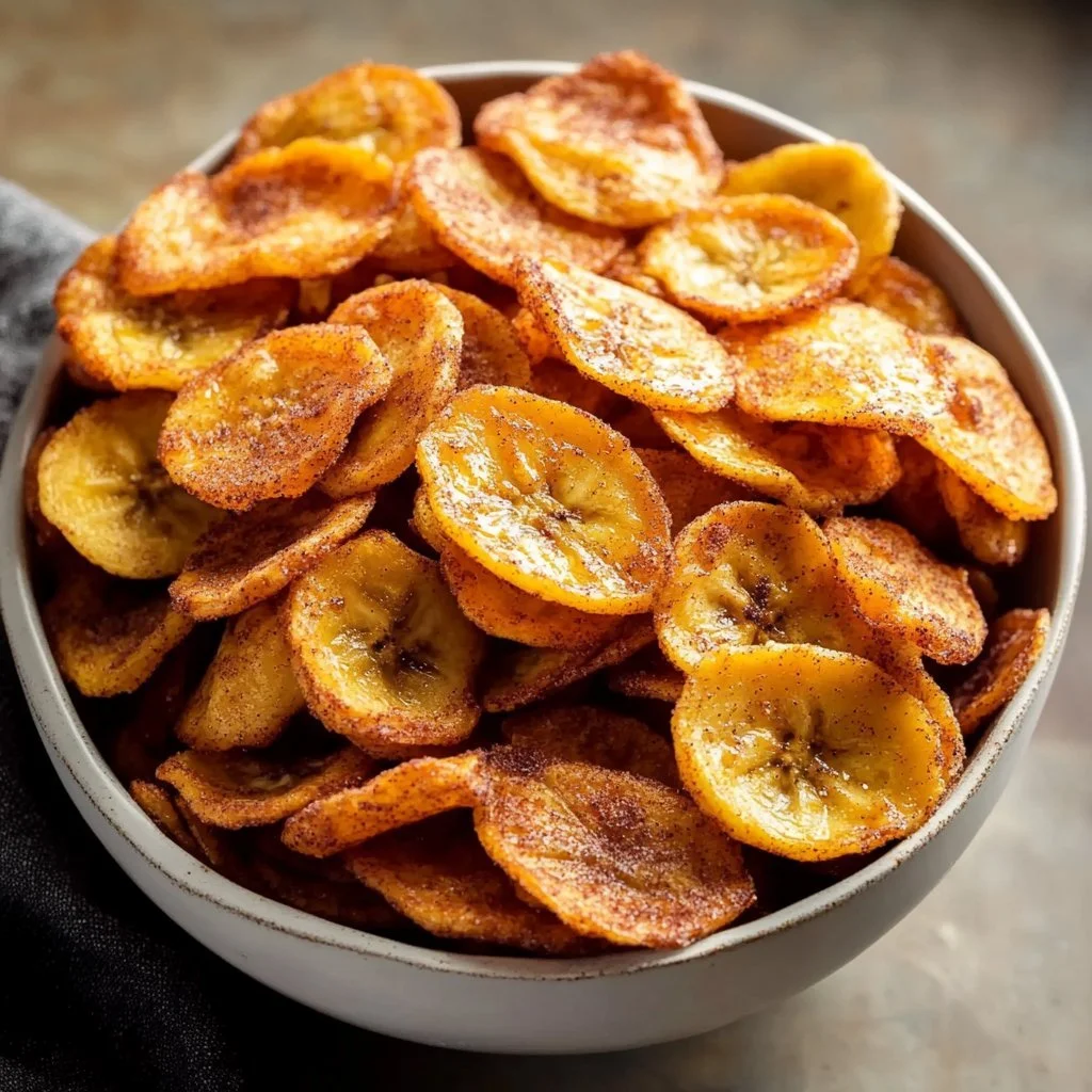 Chips di Banana alla Cannella croccanti e aromatiche, perfette per uno snack salutare.