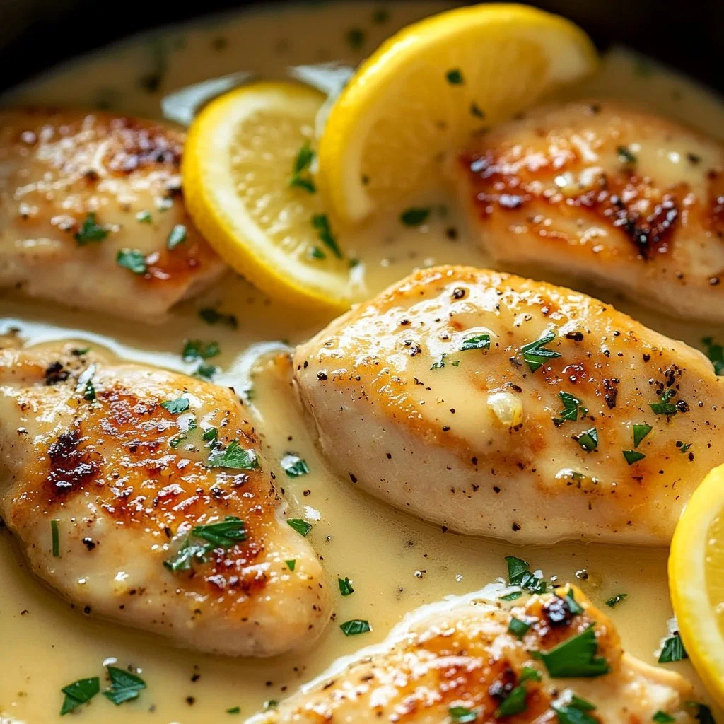 Filetti di pollo in salsa di panna al limone e aglio serviti in un piatto