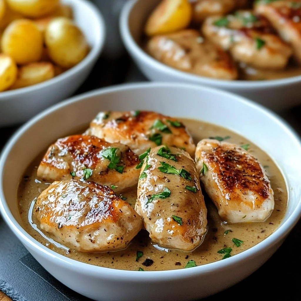 Filetto di pollo con salsa cremosa all'aglio servito su un piatto