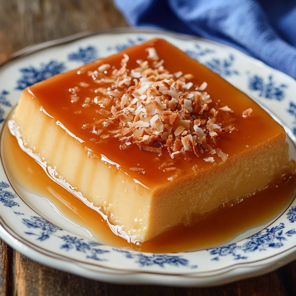 Flan di cocco delle Antille servito in un piatto elegante