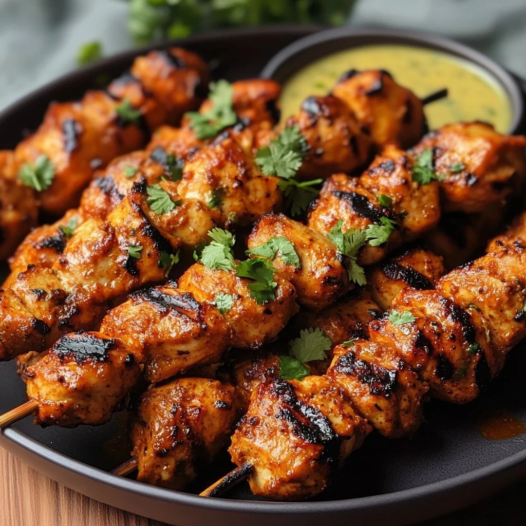 Kebab di pollo tikka su un piatto, un delizioso piatto gustoso e aromatico