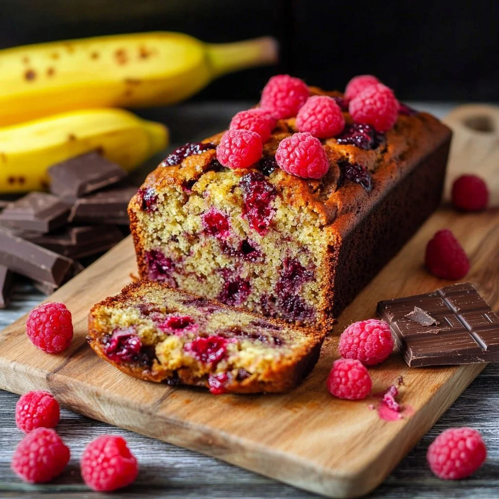 Pane alle banane con cioccolato e lamponi su un piatto decorativo
