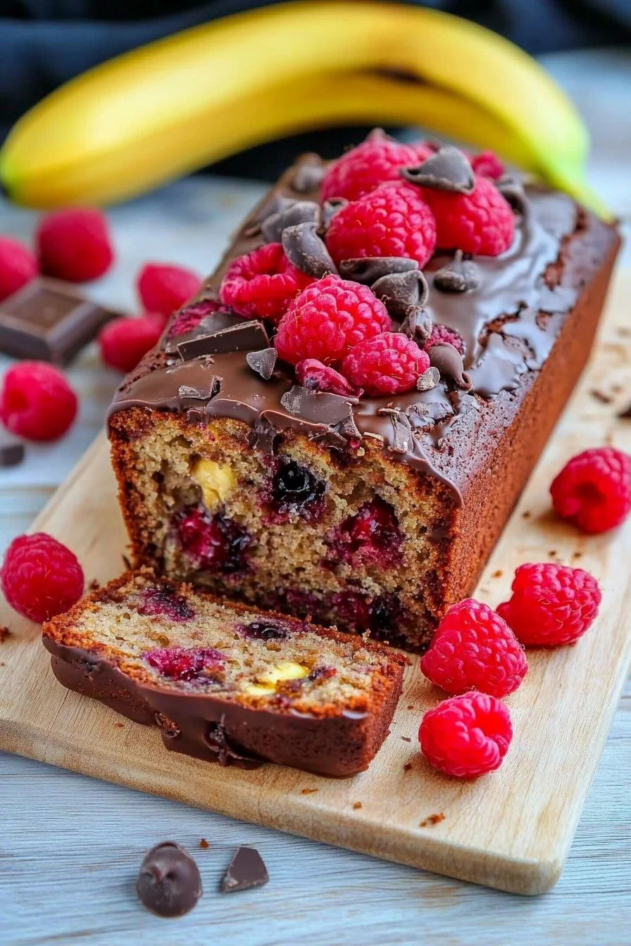 Pane alle banane con cioccolato e lamponi