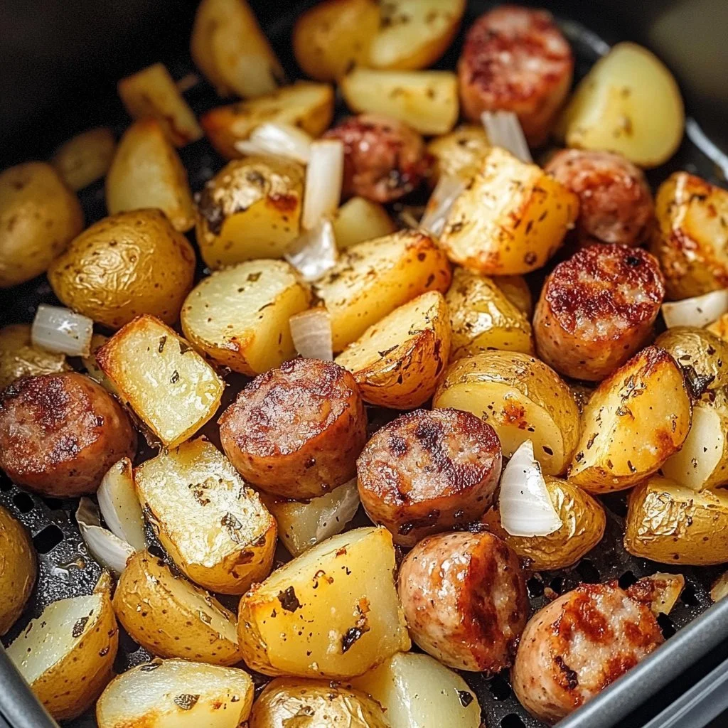 Piatto di patate e salsiccia cotto nell'air fryer