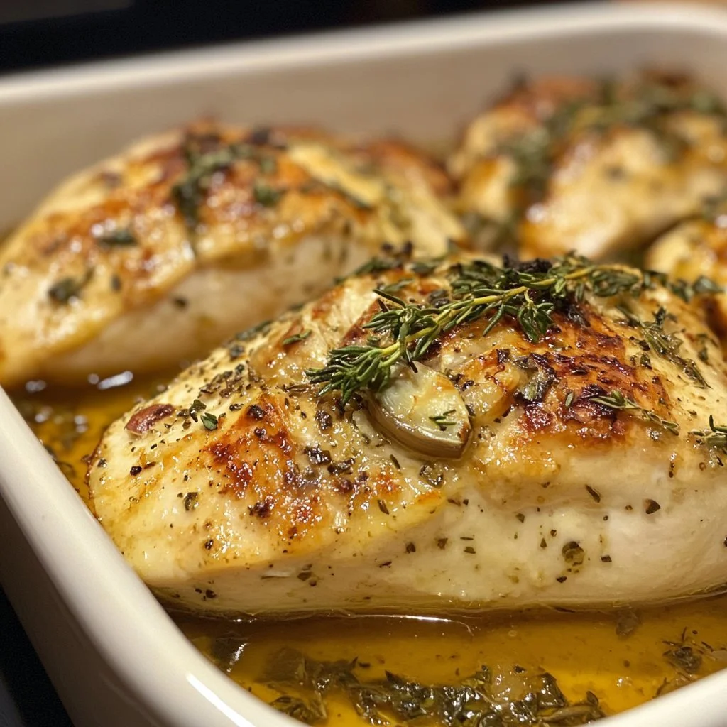 Petto di pollo cotto al forno, tenero e succoso, servito con contorni freschi.