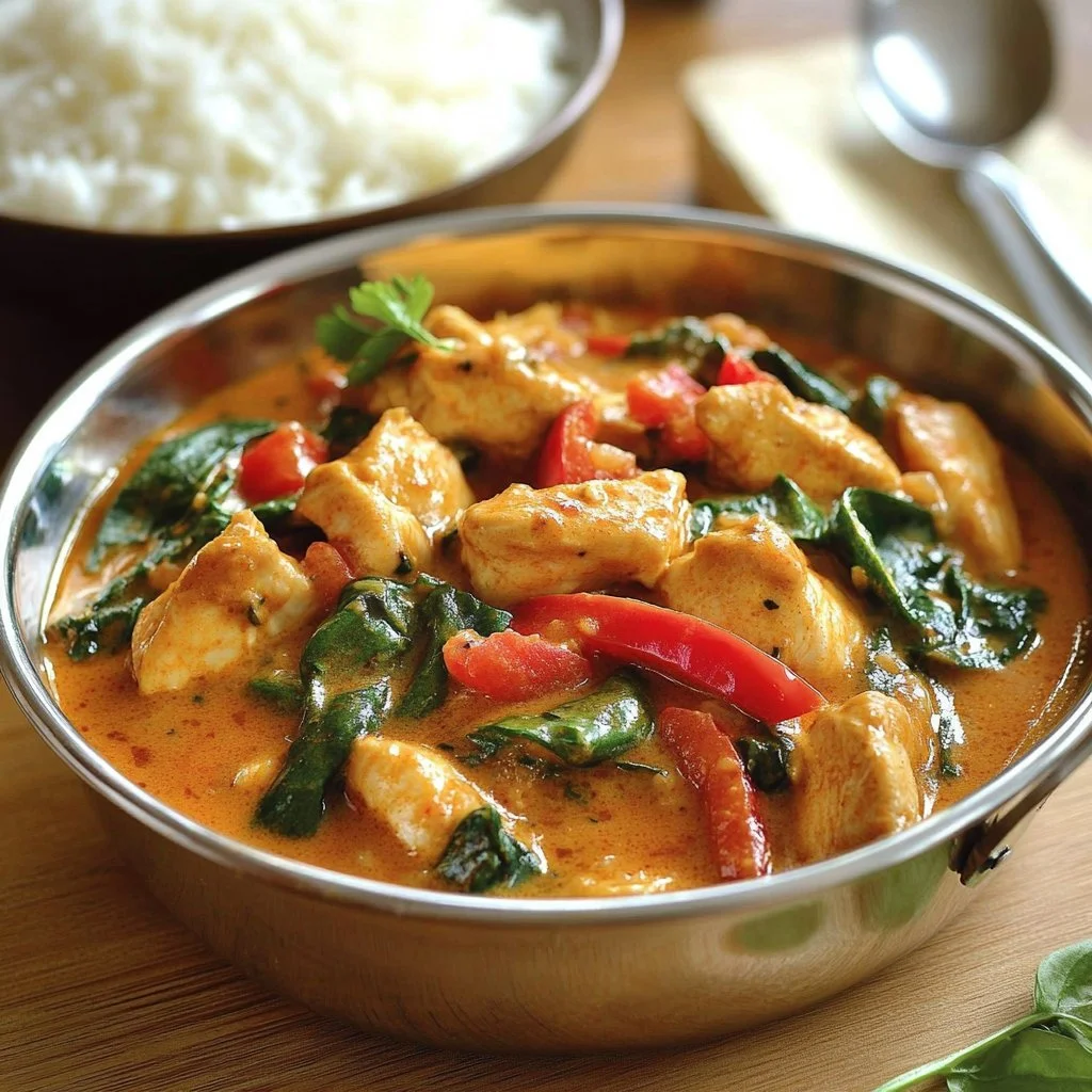 Pollo al curry tailandese servito su un piatto colorato con riso